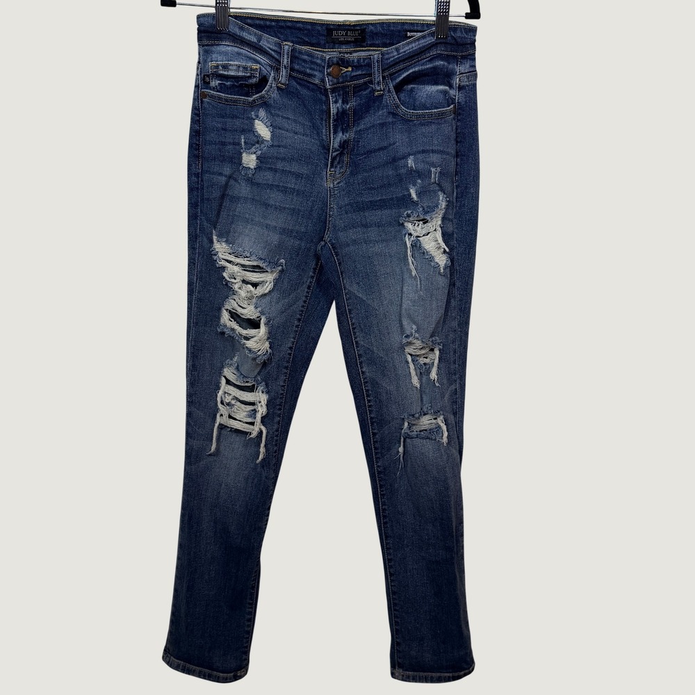 Judy Blue Boyfriend Jeans Womens 7/28 Blue Distressed Shredded Denim JB8286MD